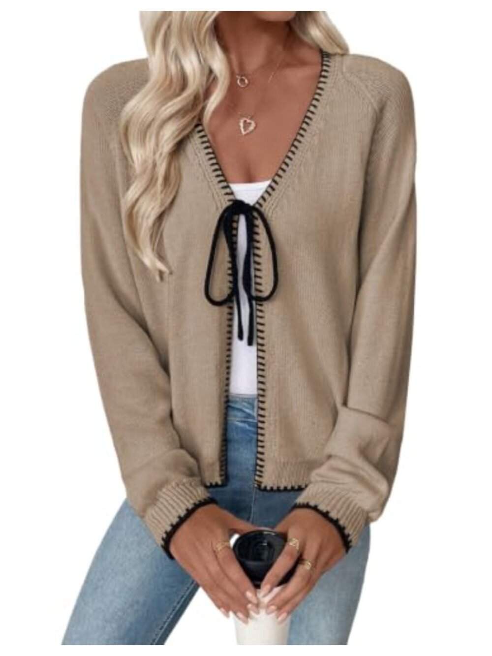 Lightweight Knit Bow Tie Cardigan for Women Open Front Long Sleeve Fall